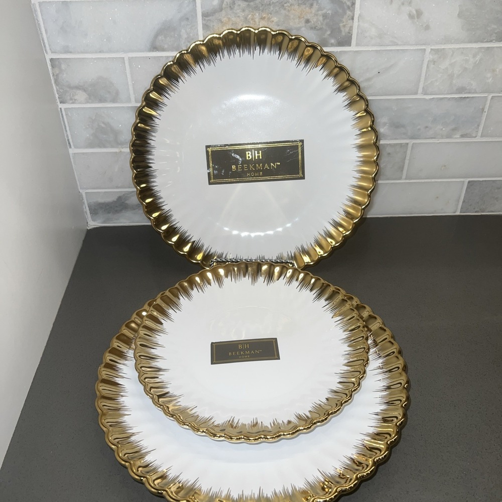 NEW Beekman Home white porcelain 2 dinner plates, 1 Salad Plate gold fluted rim